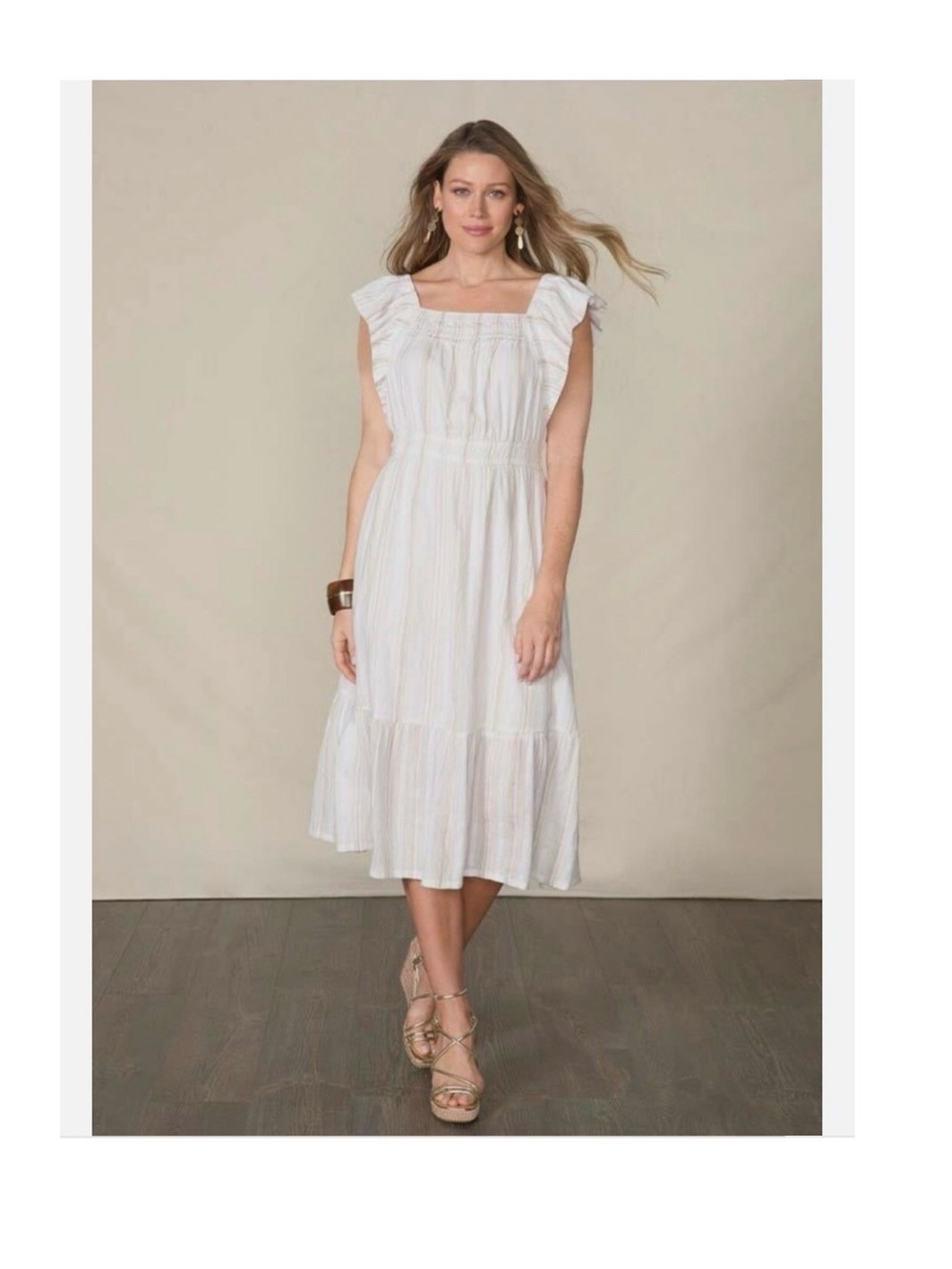 NWT Matilde Good Hart Square-Neck White Midi Dress with Ruffle Shoulders